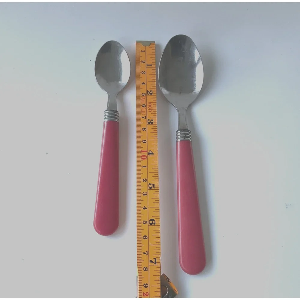 19pc Red Handle Stainless Steel Tablespoon Teaspoon Lot Retro MCM